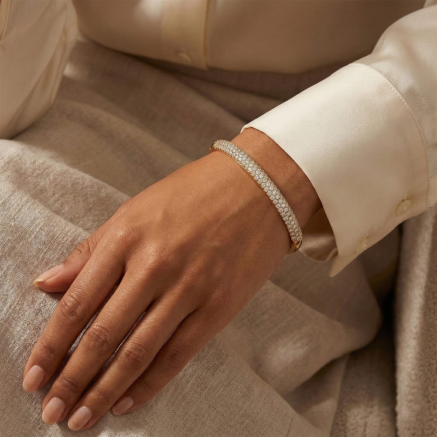 EverTrue Lab Created White Sapphire 4.50 ctw 3 Row Bangle Bracelet in 18K YG Plated (6.50 In)