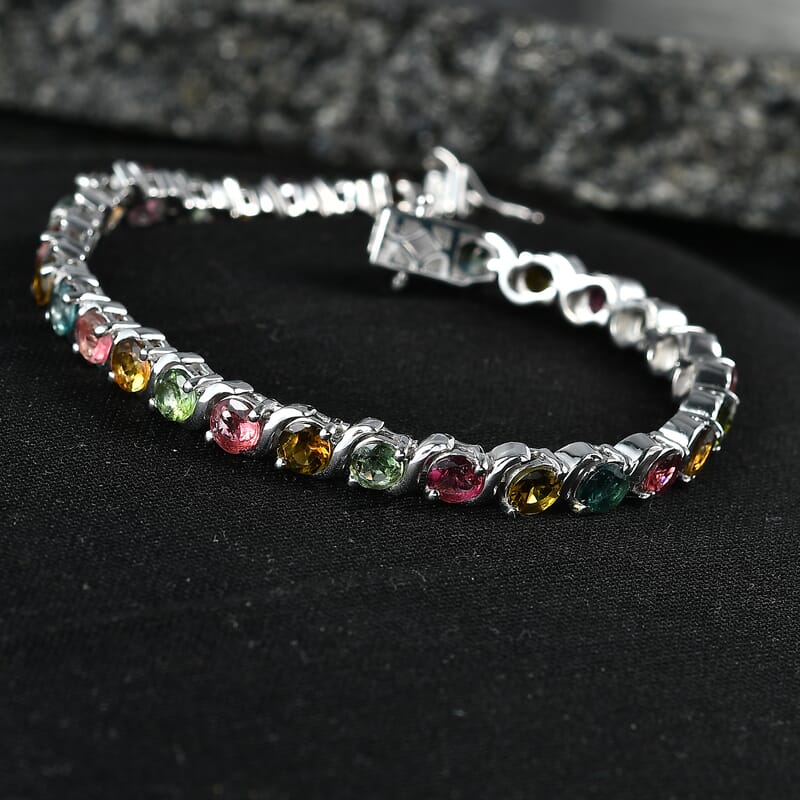 D'Joy Premium Multi-Tourmaline 8.60 ctw Spectrum Link Bracelet in Rhodium Over Sterling Silver (7.25 In)