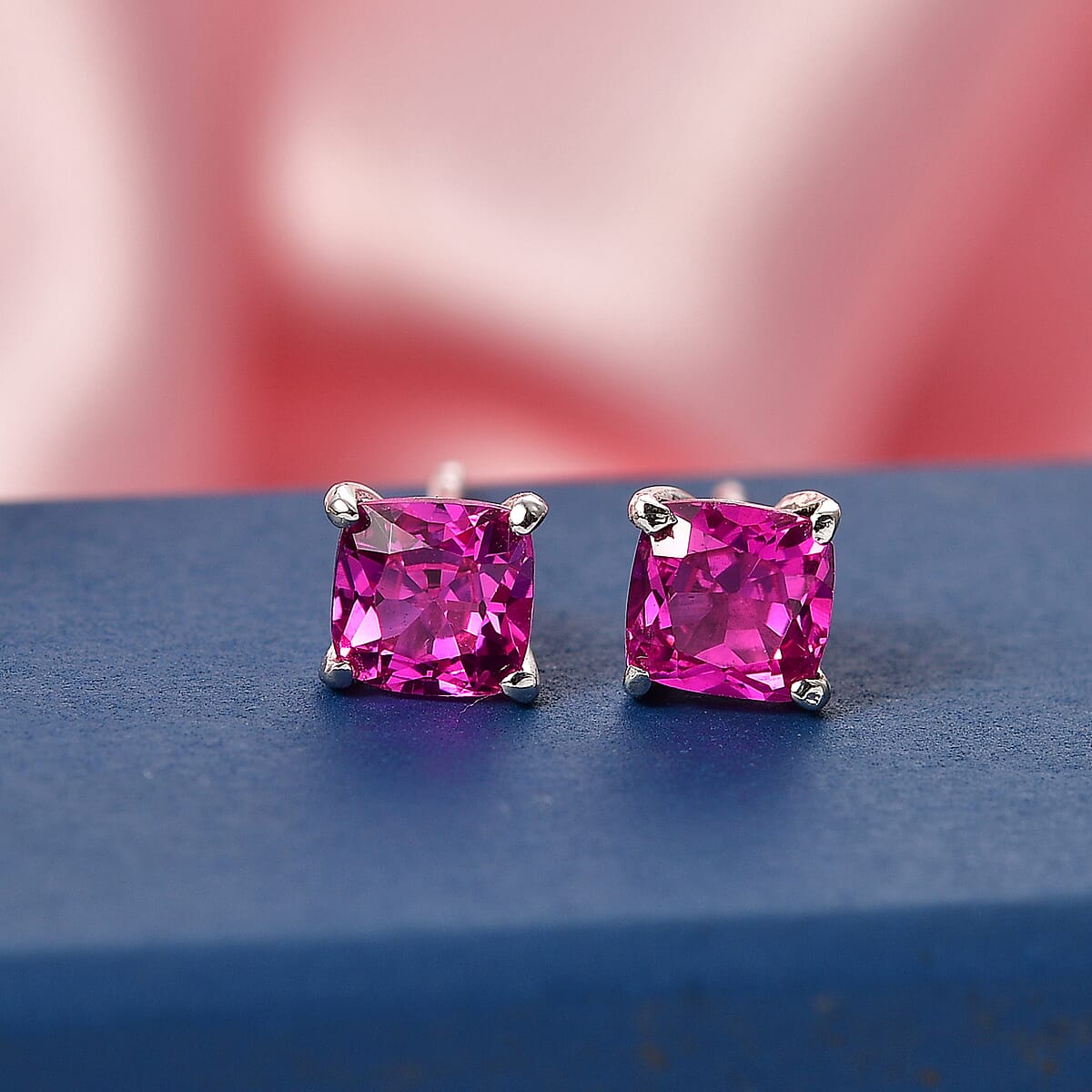 D'Joy Lab Created Pink Sapphire 1.60 ctw Solitaire Stud Earrings in Platinum Over Sterling Silver image number 1
