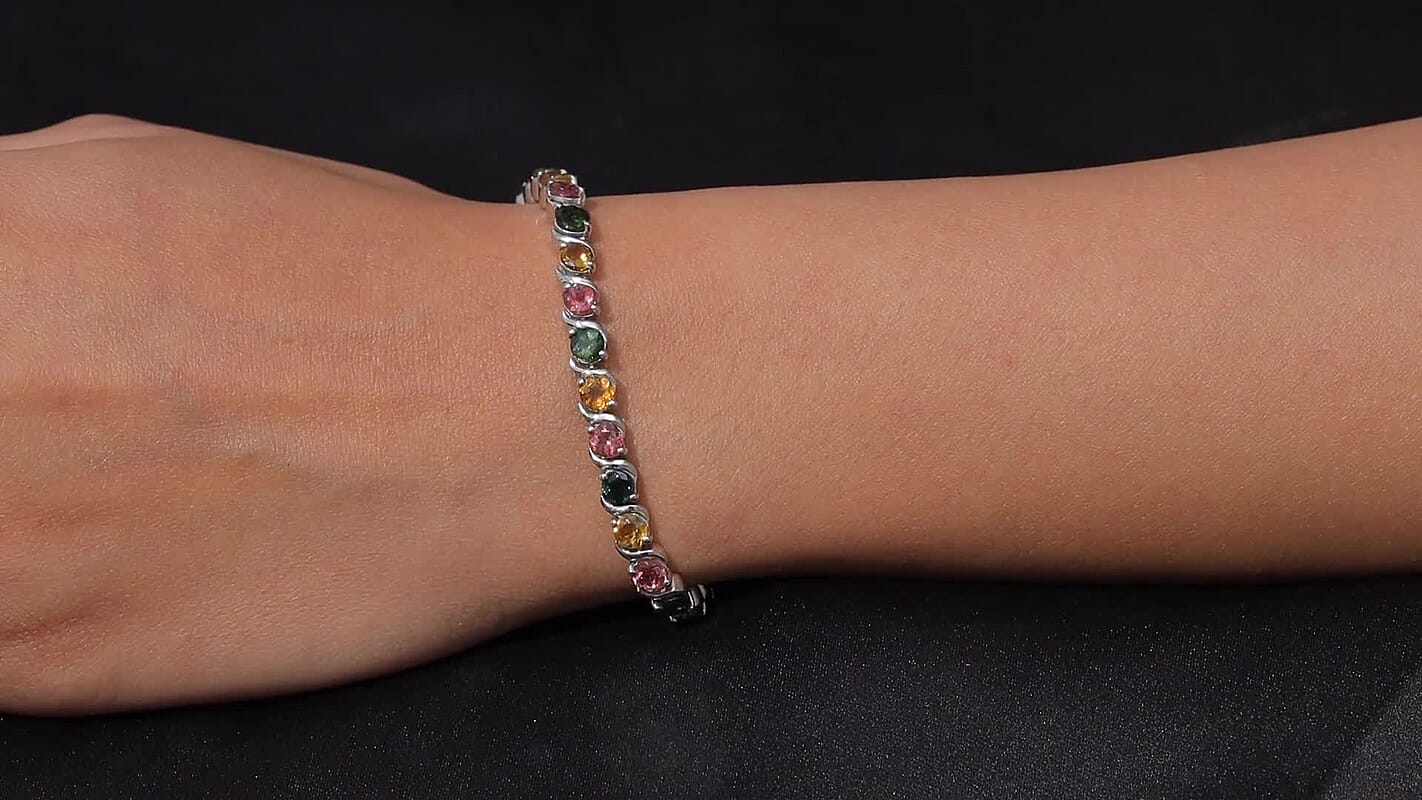 D'Joy Premium Multi-Tourmaline Spectrum Link Bracelet in Rhodium Over Sterling Silver (7.25 In) 8.60 ctw