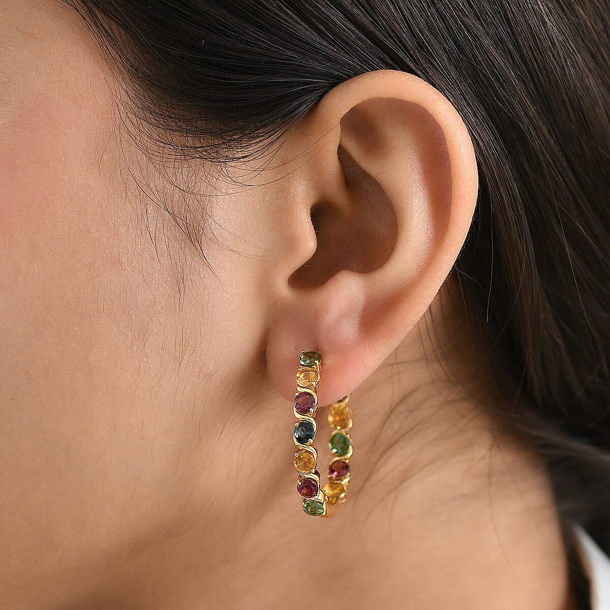 D'Joy Premium Multi-Tourmaline 6.60 ctw Spectrum Link Earrings in 18K Vermeil Yellow Gold Over Sterling Silver image number 2