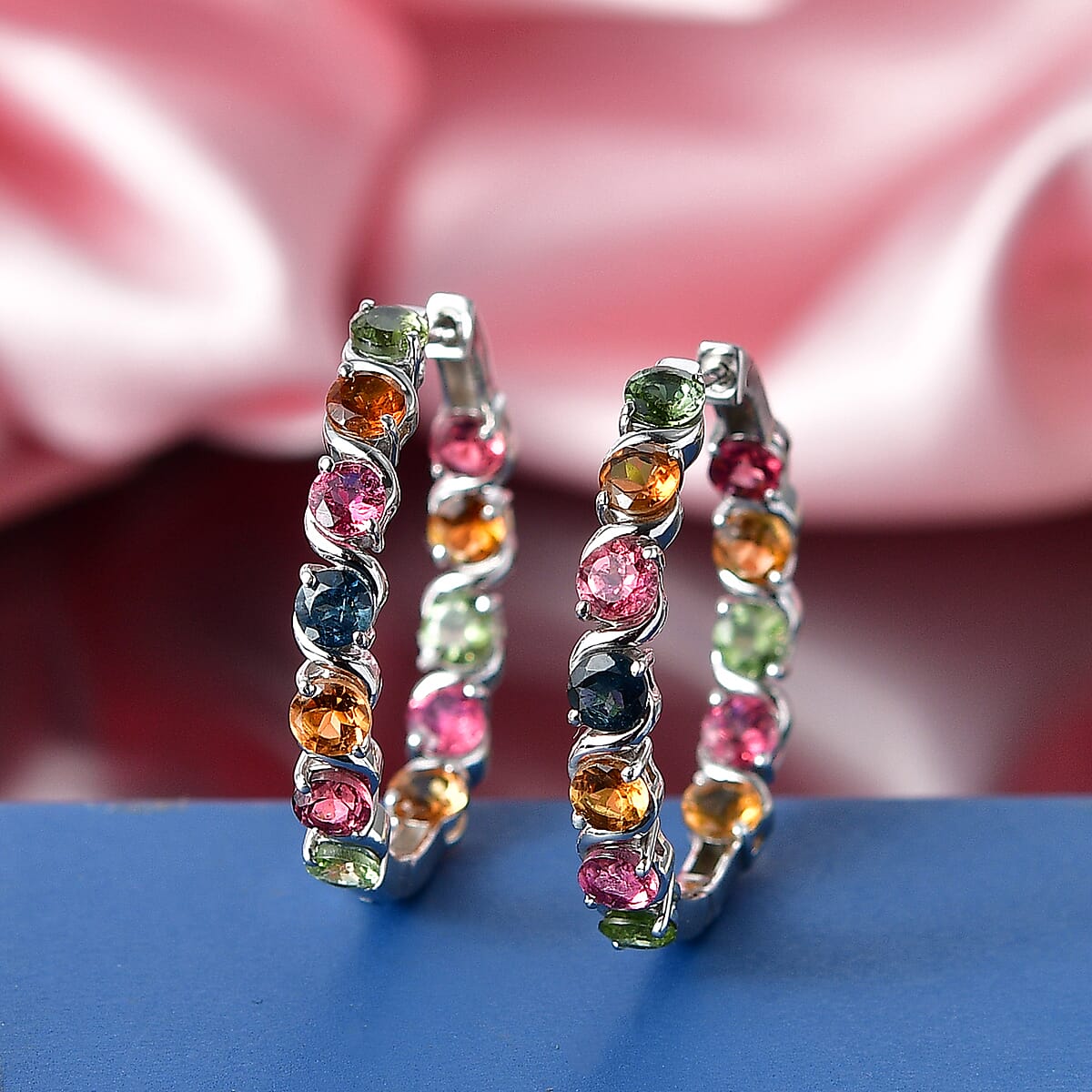 D'Joy Premium Multi-Tourmaline 6.60 ctw Spectrum Link Earrings in Rhodium Over Sterling Silver image number 1