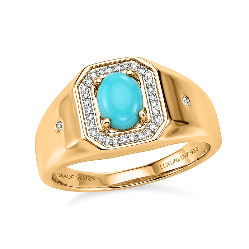 Premium Sleeping Beauty Turquoise and Luxuriant Lab Grown Diamond G-H SI 1.35 ctw Men's Ring in 18K Vermeil Yellow Gold Over Sterling Silver (Size 13.0)