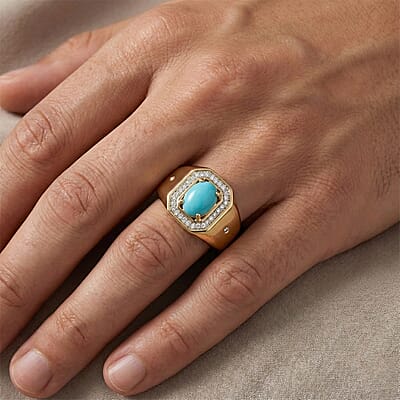 Premium Sleeping Beauty Turquoise and Luxuriant Lab Grown Diamond G-H SI 1.35 ctw Men's Ring in 18K Vermeil Yellow Gold Over Sterling Silver (Size 13.0)