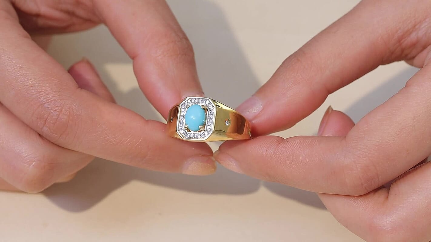 Premium Sleeping Beauty Turquoise, Luxuriant Lab Grown Diamond (I3) (0.17 cts) Men's Ring in 18K Vermeil YG Over Sterling Silver (Size 10.0) 1.35 ctw