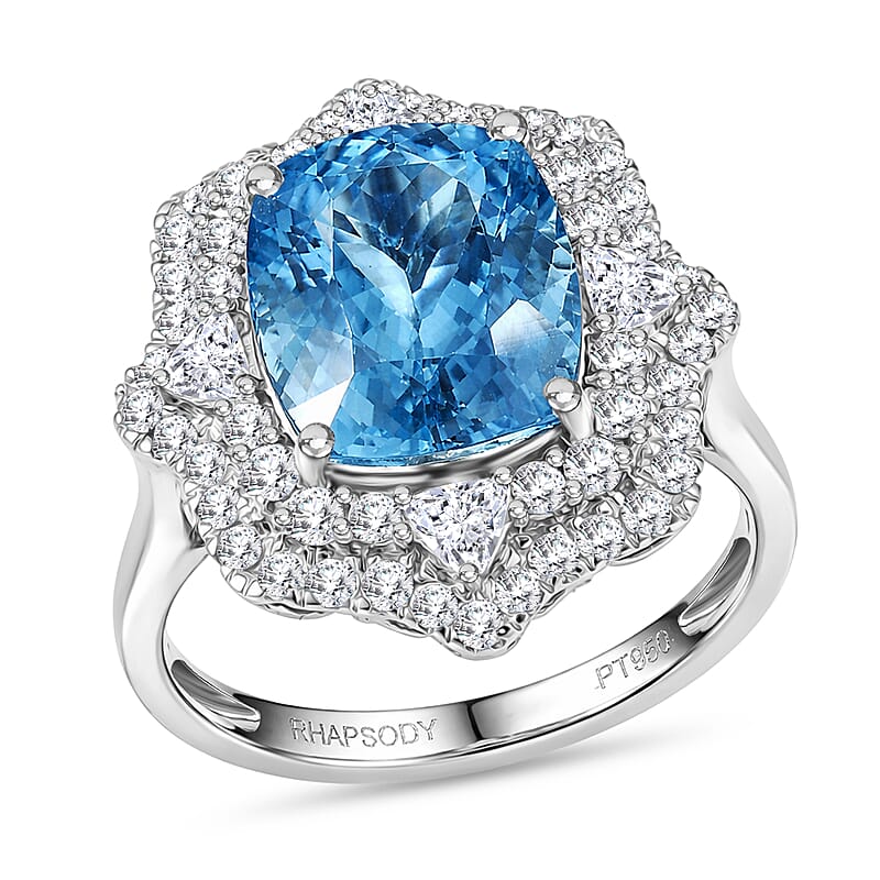Rhapsody AAAA Santa Maria Aquamarine and Diamond E-F VS 6.50 ctw Ring in 950 Platinum (Size 8.0) 7.75 Grams