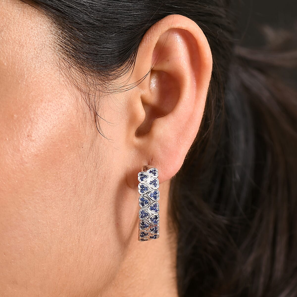 EverTrue Lab Created Blue Sapphire 1.65 ctw Heart Earrings in Platinum Bond image number 2