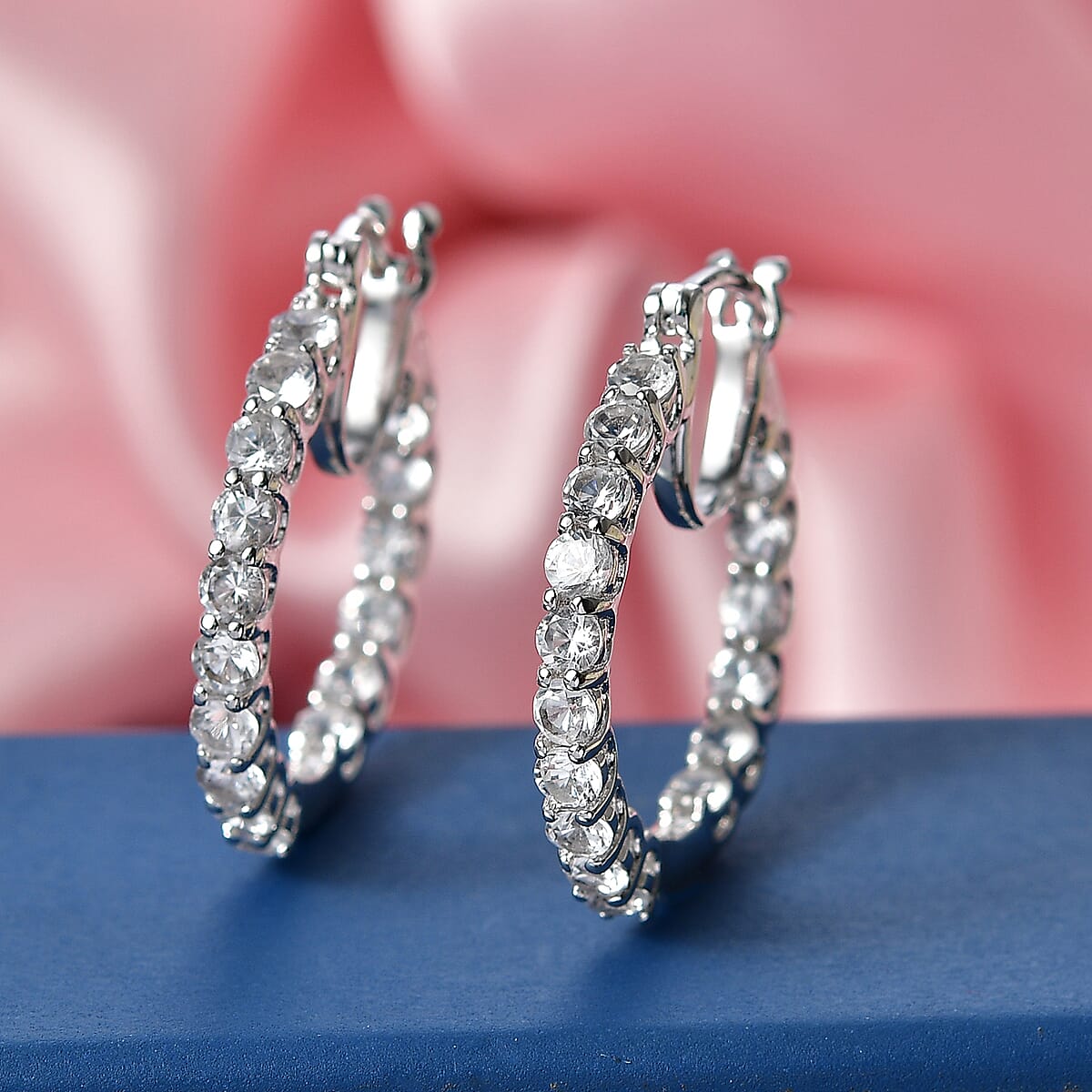 EverTrue Lab Created White Sapphire 3.50 ctw Royal Elegance Hoop Earrings in Platinum Bond image number 1