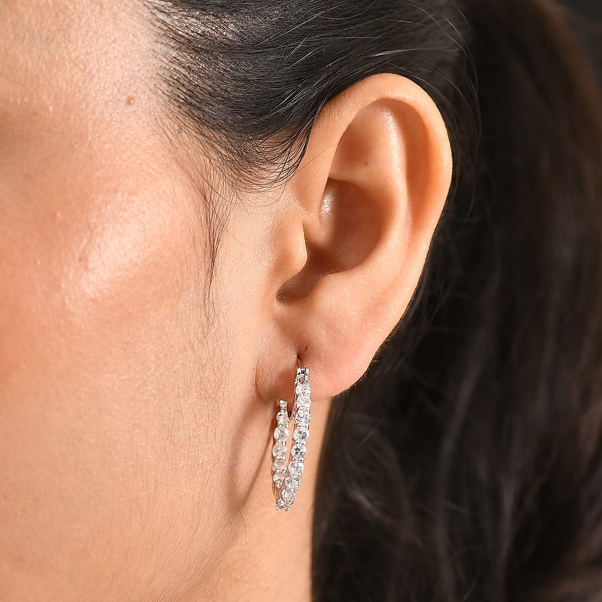 EverTrue Lab Created White Sapphire 3.50 ctw Royal Elegance Hoop Earrings in Platinum Bond image number 2