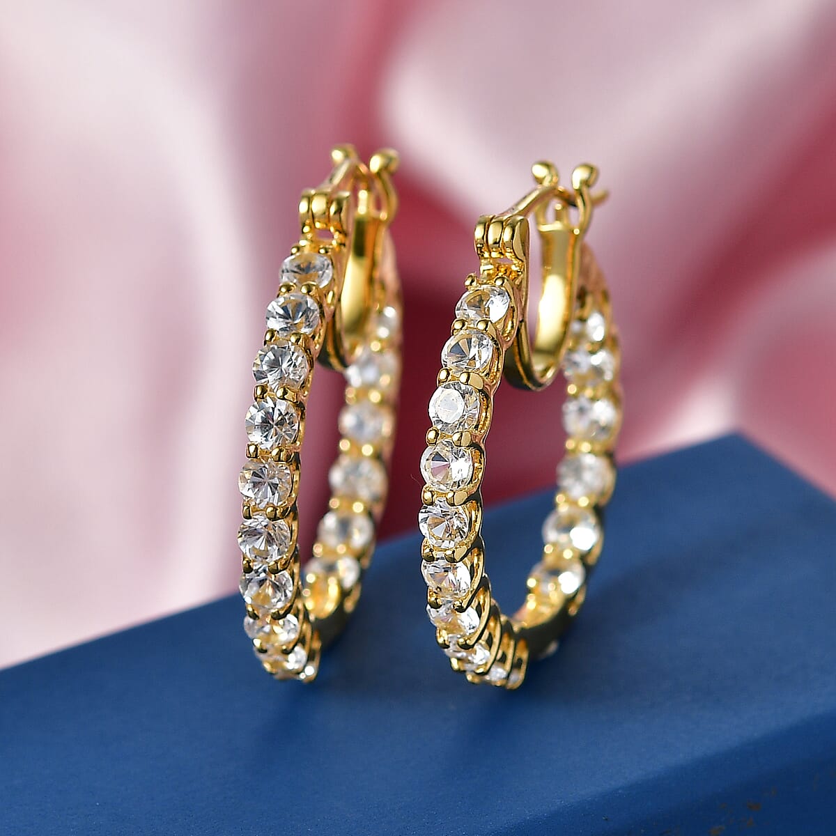 EverTrue Lab Created White Sapphire 3.50 ctw Royal Elegance Hoop Earrings in 18K YG Plated image number 1