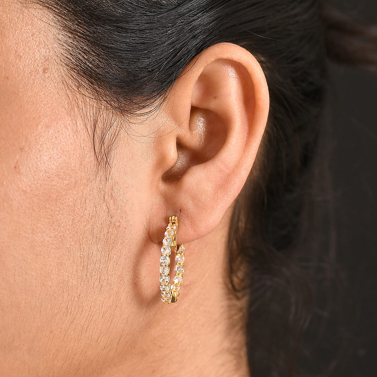 EverTrue Lab Created White Sapphire 3.50 ctw Royal Elegance Hoop Earrings in 18K YG Plated image number 2