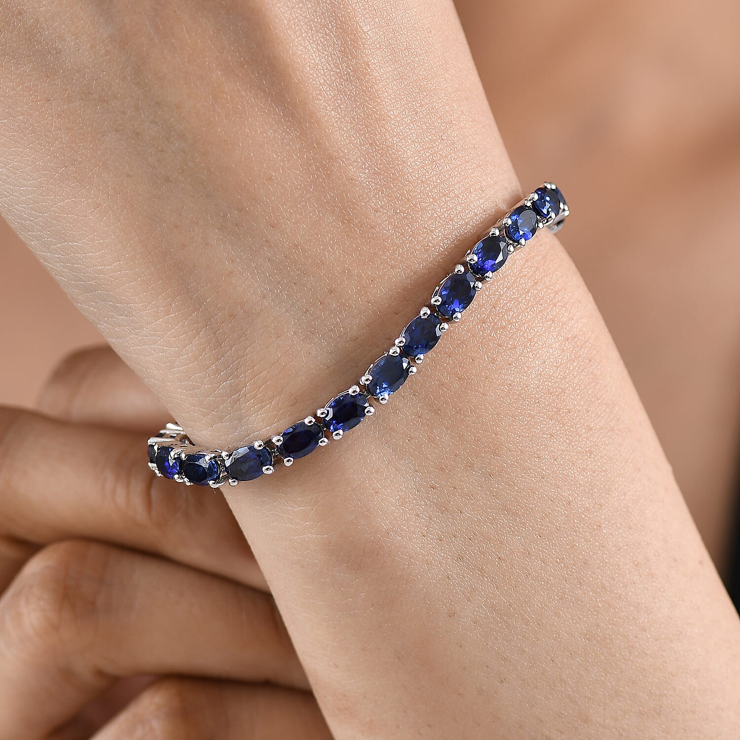 EverTrue Lab Created Blue Sapphire 15.25 ctw Linear Bracelet in Platinum Bond (6.50 In)