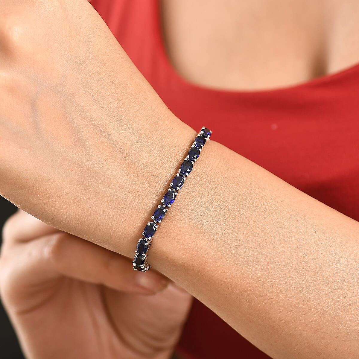 EverTrue Lab Created Blue Sapphire 17.25 ctw Linear Bracelet in Platinum Bond (7.25 In) image number 2
