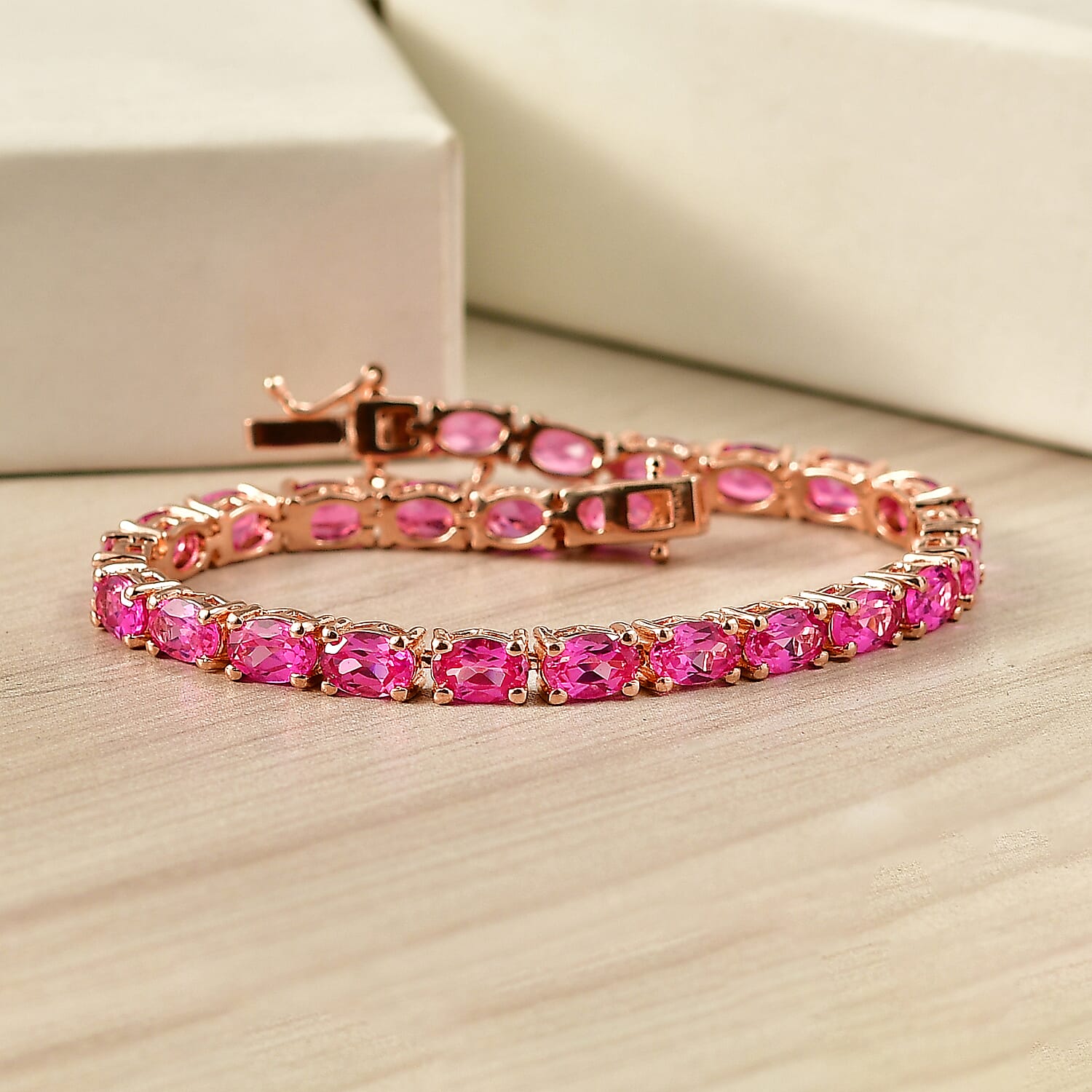 EverTrue Lab Created Pink Sapphire 15.75 ctw Linear Bracelet in 18K RG Plated (6.50 In)