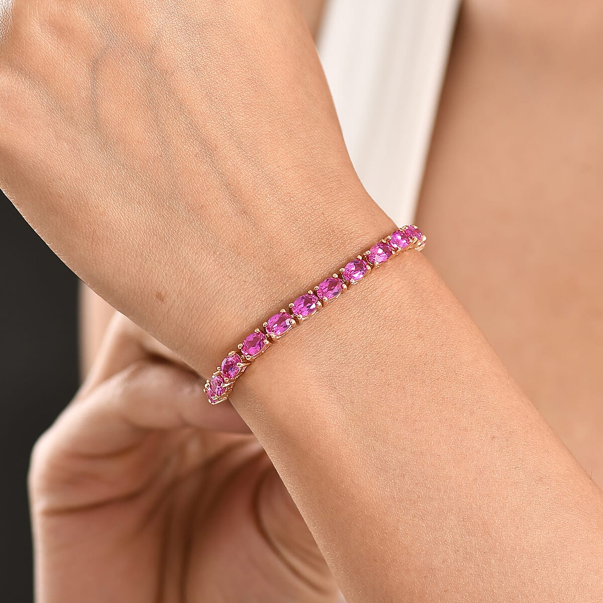 EverTrue Lab Created Pink Sapphire 15.25 ctw Linear Bracelet in 18K RG Plated (6.50 In) image number 2