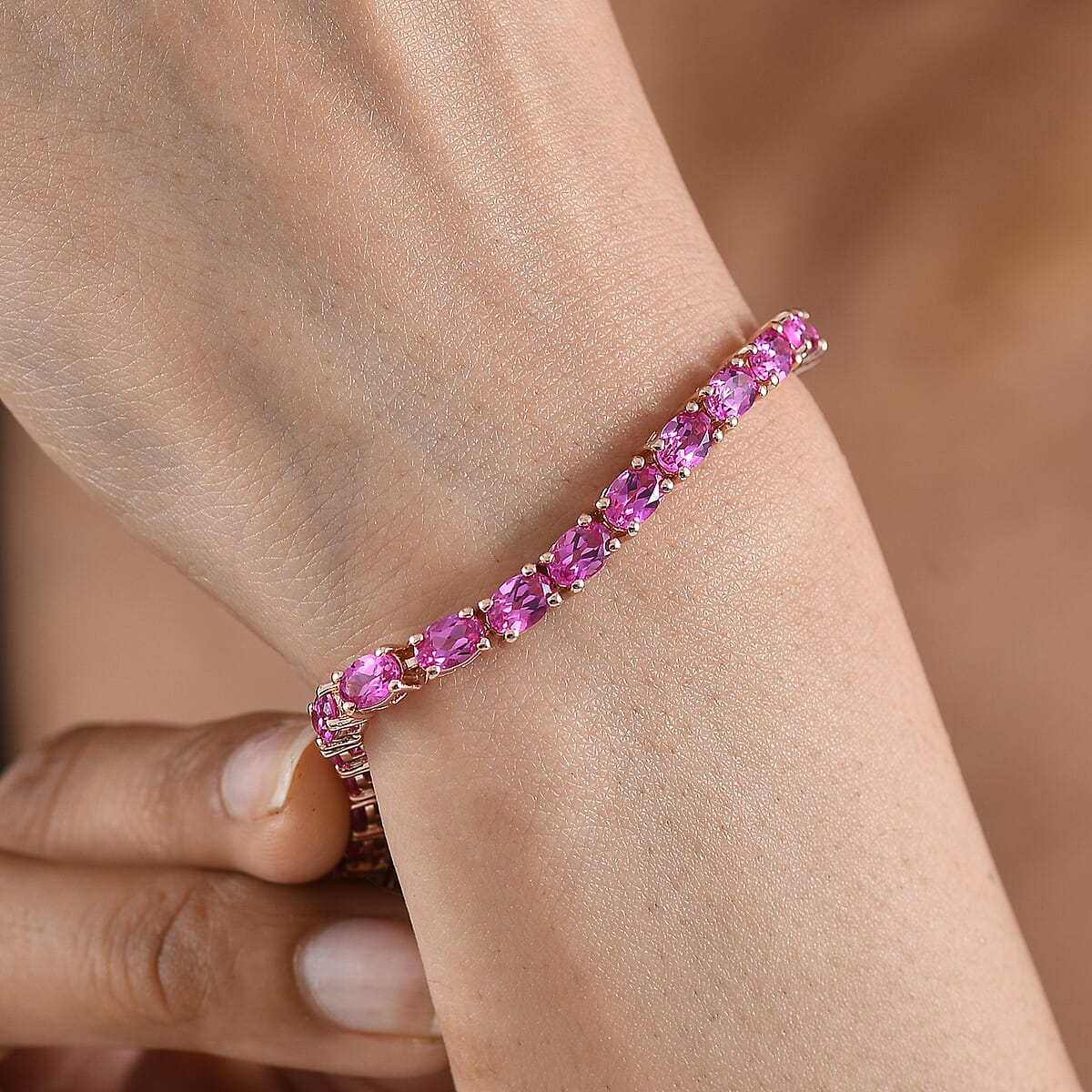 EverTrue Lab Created Pink Sapphire 19.50 ctw Linear Bracelet in 18K RG Plated (8.00 In) image number 2