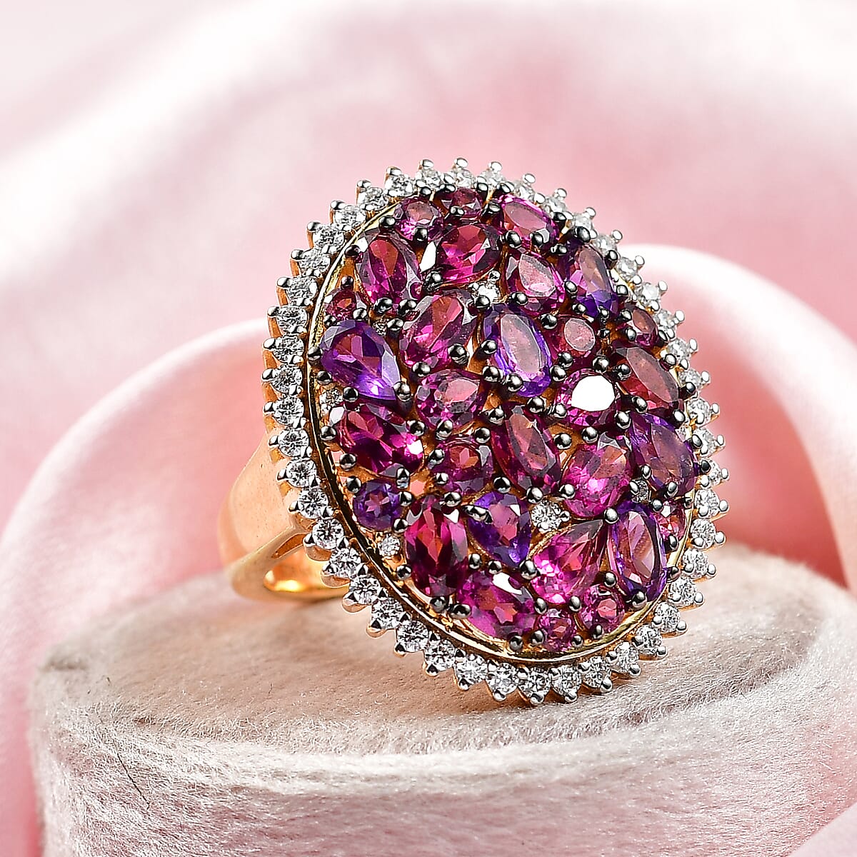 D'Joy Premium Orissa Rhodolite Garnet and Multi Gemstone 6.50 ctw Garnet Garden Ring in 18K Vermeil Yellow Gold Over Sterling Silver (Size 10.0) image number 1