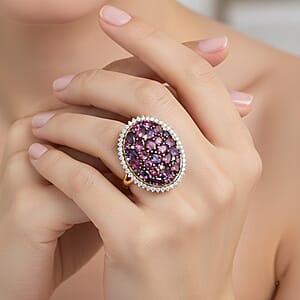 D'Joy Premium Orissa Rhodolite Garnet and Multi Gemstone 6.50 ctw Garnet Garden Ring in 18K Vermeil Yellow Gold Over Sterling Silver (Size 10.0)
