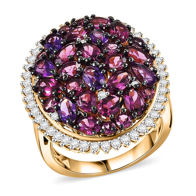 D'Joy Premium Orissa Rhodolite Garnet and Multi Gemstone 6.50 ctw Garnet Garden Ring in 18K Vermeil Yellow Gold Over Sterling Silver (Size 7.0)
