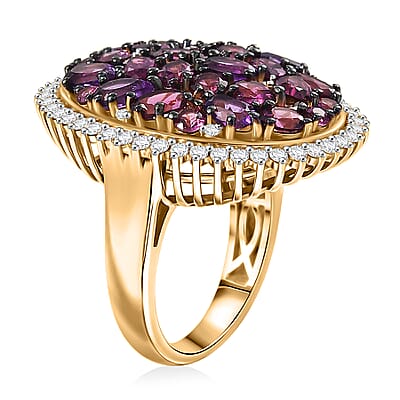D'Joy Premium Orissa Rhodolite Garnet and Multi Gemstone 6.50 ctw Garnet Garden Ring in 18K Vermeil Yellow Gold Over Sterling Silver (Size 7.0)
