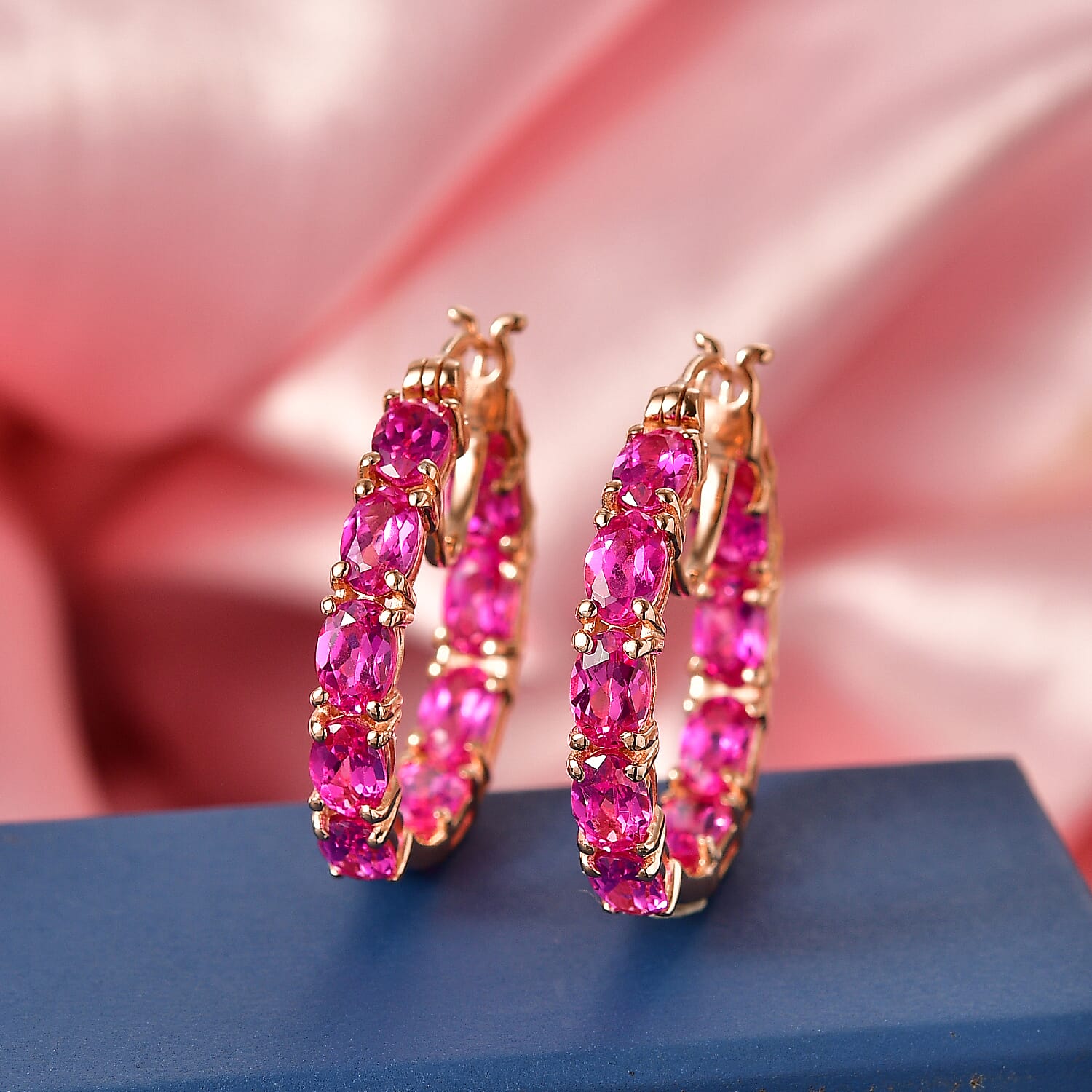 EverTrue Lab Created Pink Sapphire 11.15 ctw Hoop Earrings in 18K RG Plated