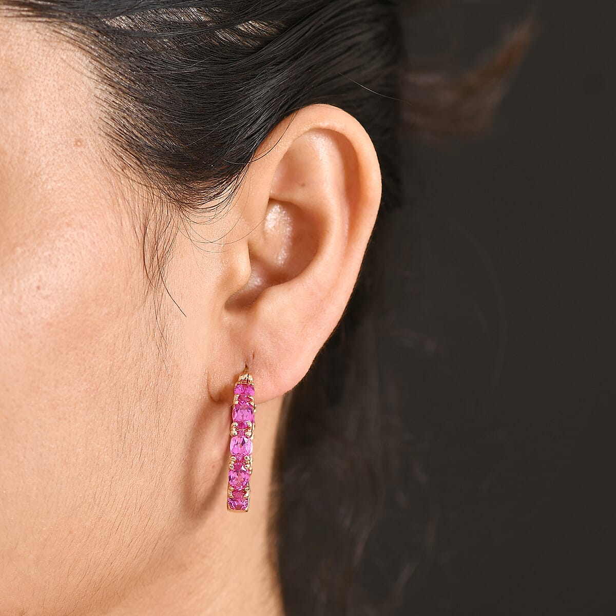 EverTrue Lab Created Pink Sapphire 11.15 ctw Hoop Earrings in 18K RG Plated image number 2