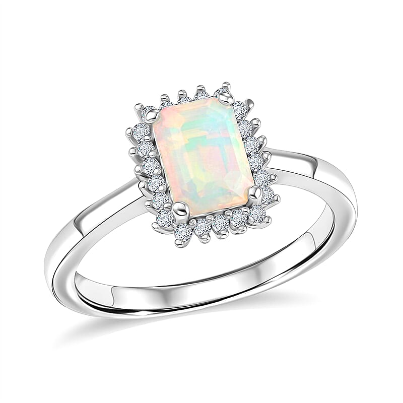 D'Joy Premium Ethiopian Welo Opal and Moissanite 0.75 ctw Prism Halo Ring in Rhodium Over Sterling Silver (Size 10.0)