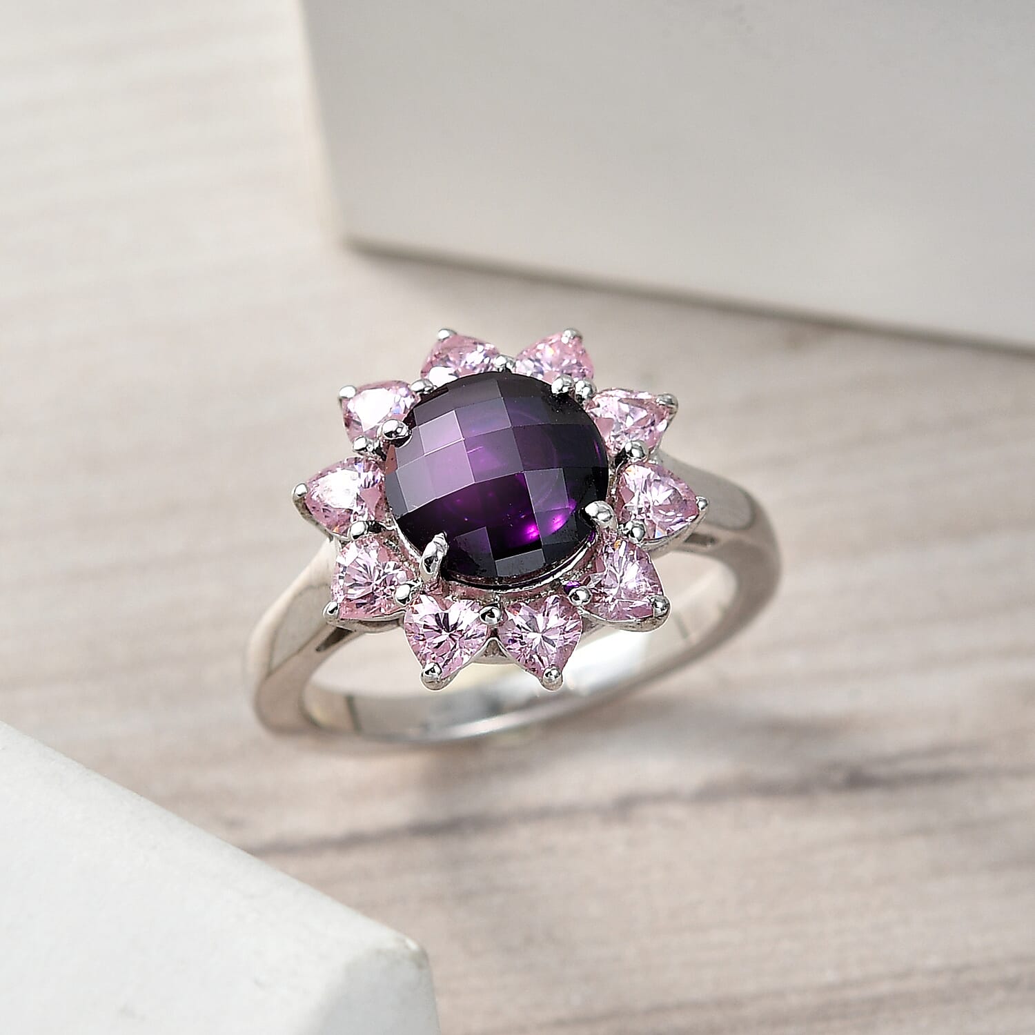 EverTrue Simulated Amethyst Color and Pink Diamond Twilight Blossom Ring in Platinum Bond (Size 7.0)