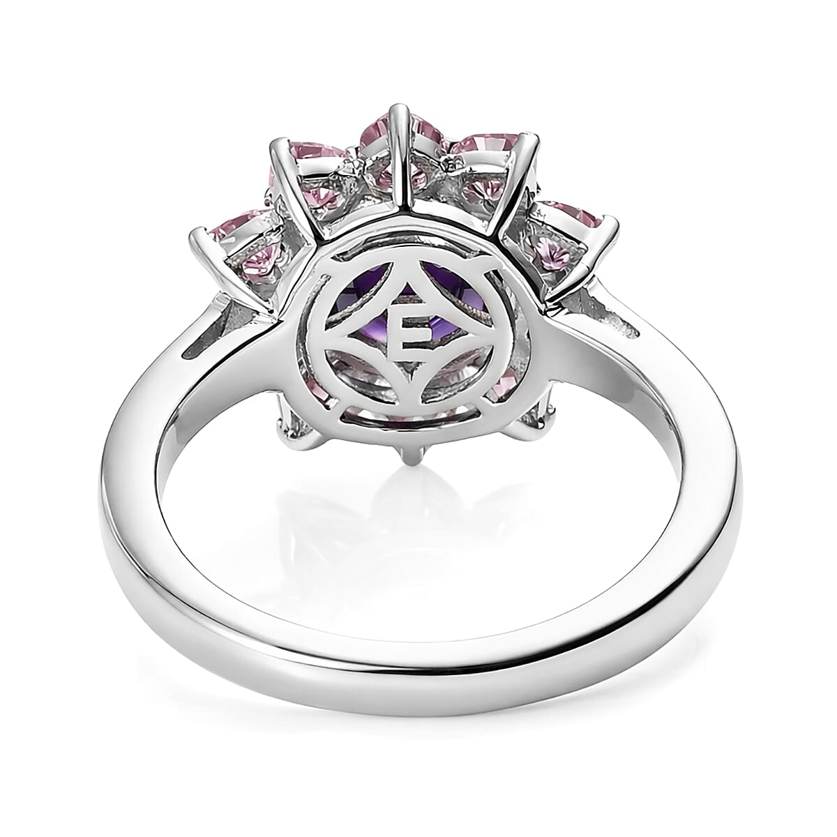 EverTrue Simulated Amethyst Color and Pink Diamond Twilight Blossom Ring in Platinum Bond (Size 7.0)