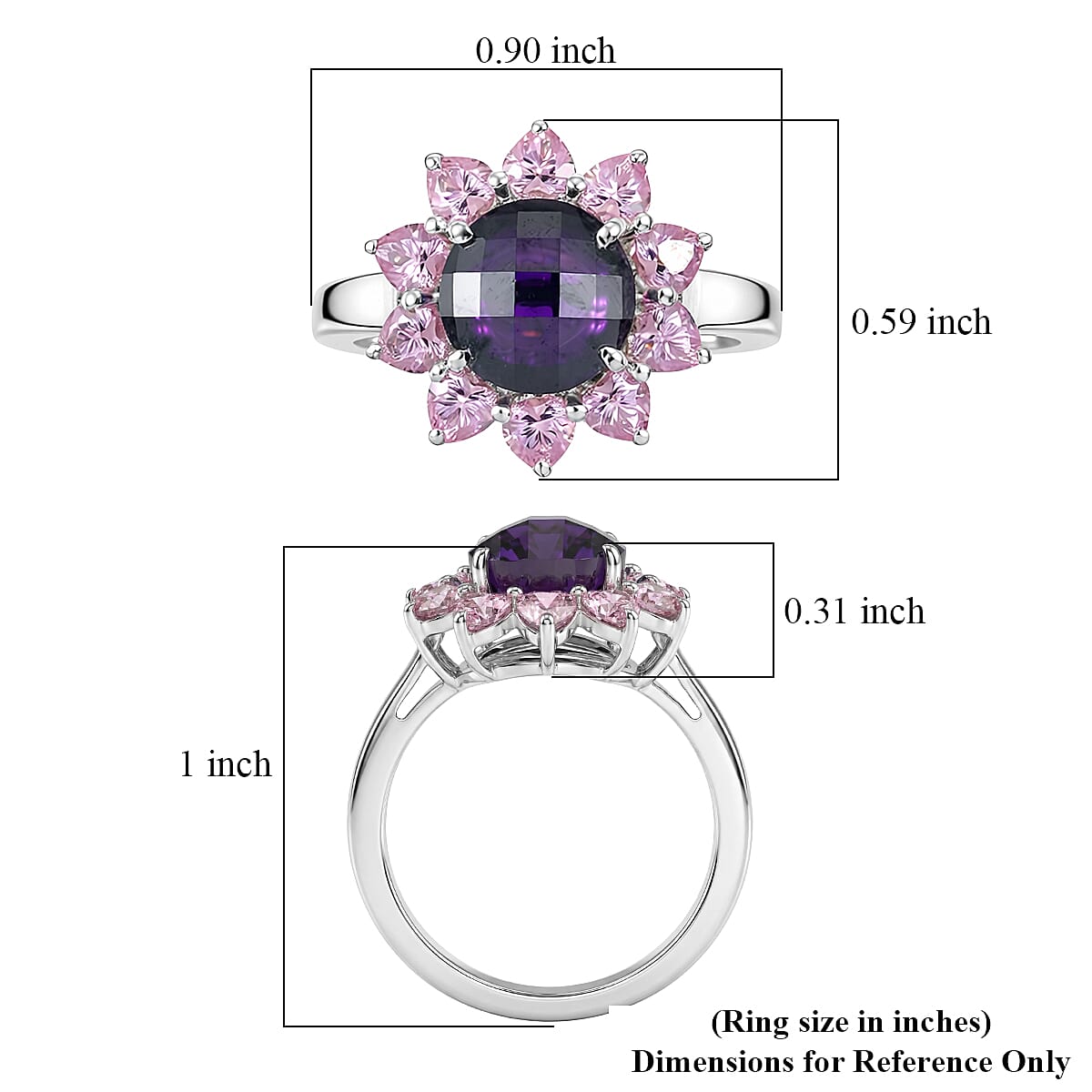 EverTrue Simulated Amethyst Color and Pink Diamond Twilight Blossom Ring in Platinum Bond (Size 7.0)