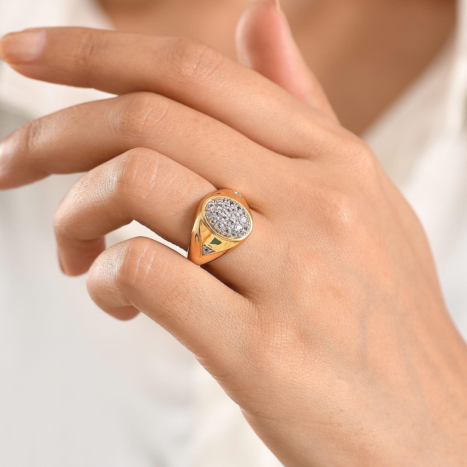 D'Joy White Topaz 0.80 ctw Signet Spark Ring in 18K Vermeil Yellow Gold Over Sterling Silver (Size 5.0)