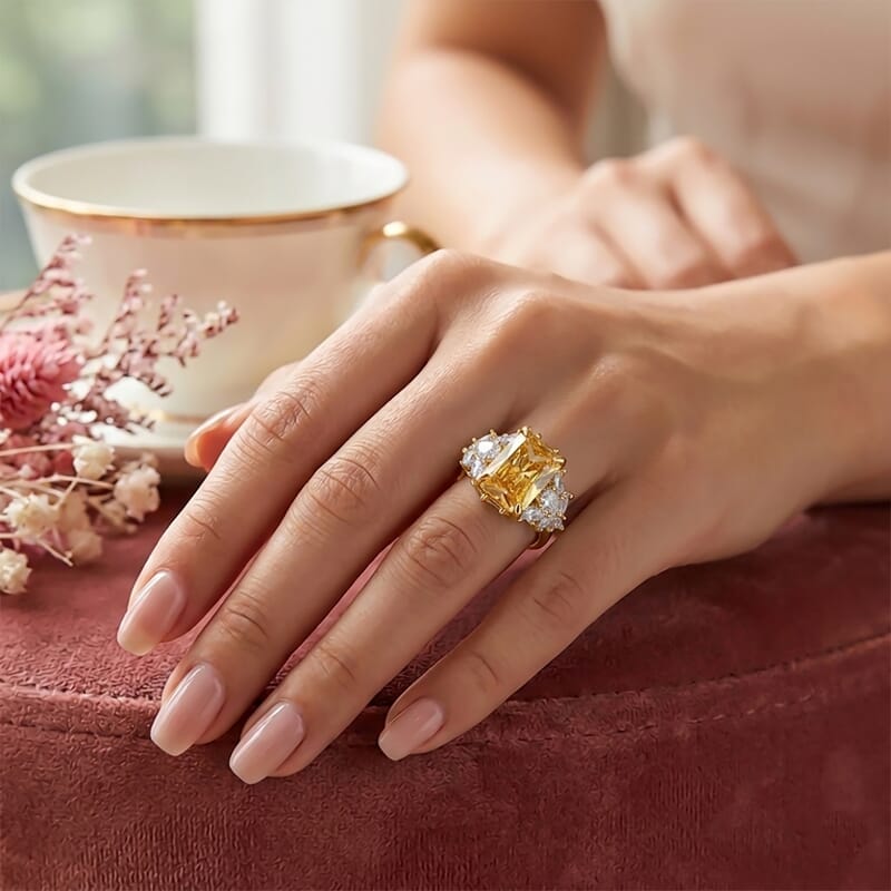 Simulated Golden Yellow and White Diamond Ring in Goldtone (Size 7.0)