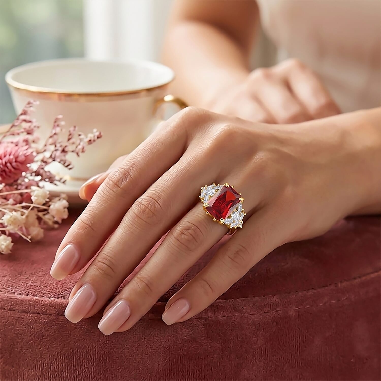 Simulated Garnet and White Diamond Ring in Goldtone (Size 7.0)