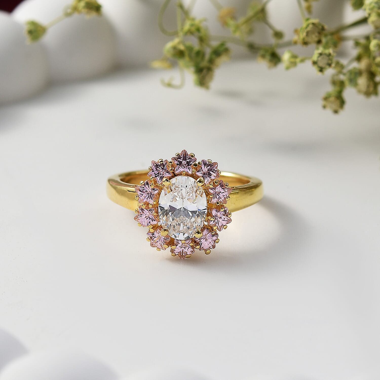 EverTrue Simulated White and Pink Diamond Ring in 18K YG Plated (Size 5.0)