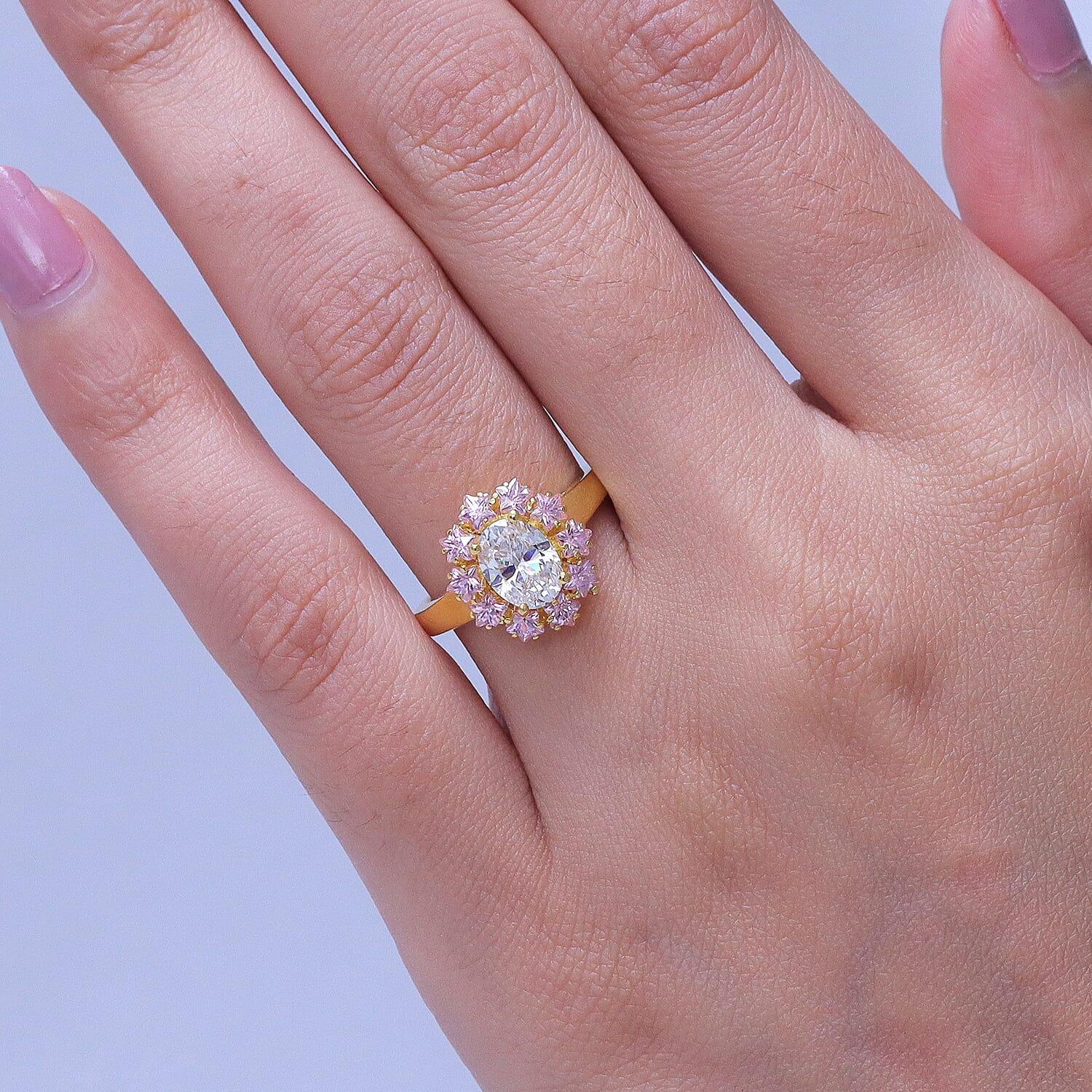 EverTrue Simulated White and Pink Diamond Ring in 18K YG Plated (Size 5.0)