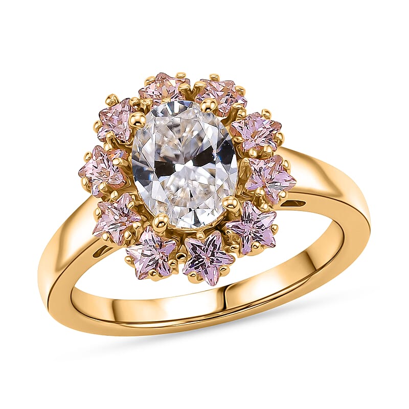 EverTrue Simulated White and Pink Diamond Ring in 18K YG Plated (Size 7.0)