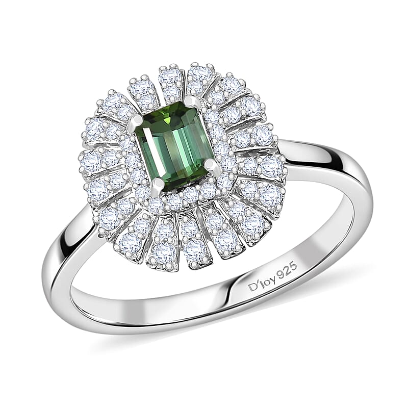 Certified & Appraised D'Joy Pirineu Lagoon Tourmaline and Moissanite 1.00 ctw Ring in Rhodium Over Sterling Silver (Size 10.0)
