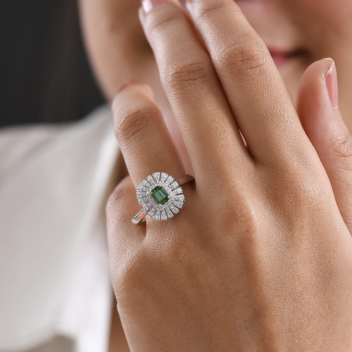 Certified & Appraised D'Joy Pirineu Lagoon Tourmaline and Moissanite 1.00 ctw Ring in Rhodium Over Sterling Silver image number 2