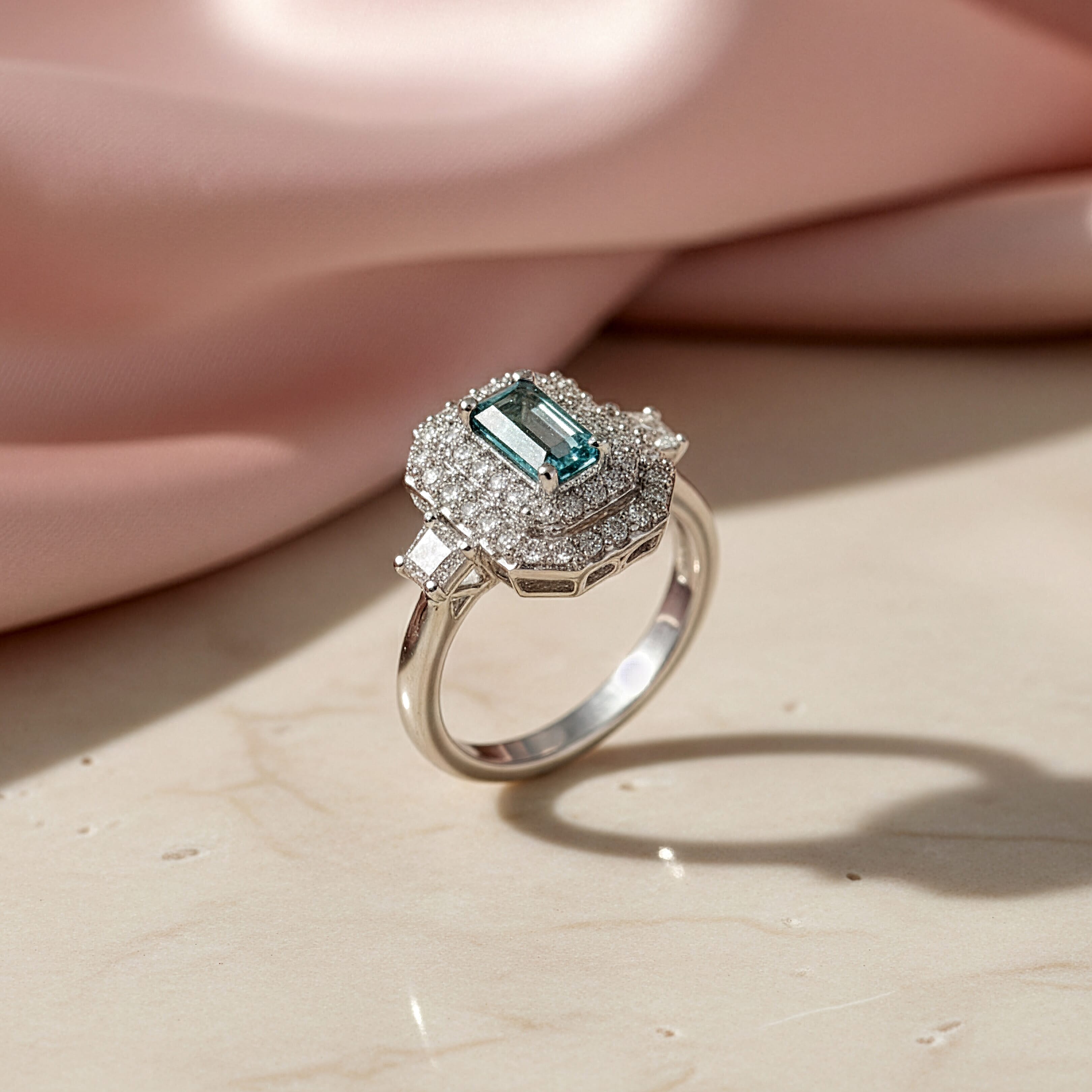 Certified and Appraised D'Joy Pirineu Lagoon Tourmaline, Moissanite Ring in Rhodium Over Sterling Silver (Size 10.0) 1.50 ctw