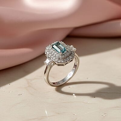 Certified and Appraised D'Joy Pirineu Lagoon Tourmaline, Moissanite Ring in Rhodium Over Sterling Silver (Size 10.0) 1.50 ctw