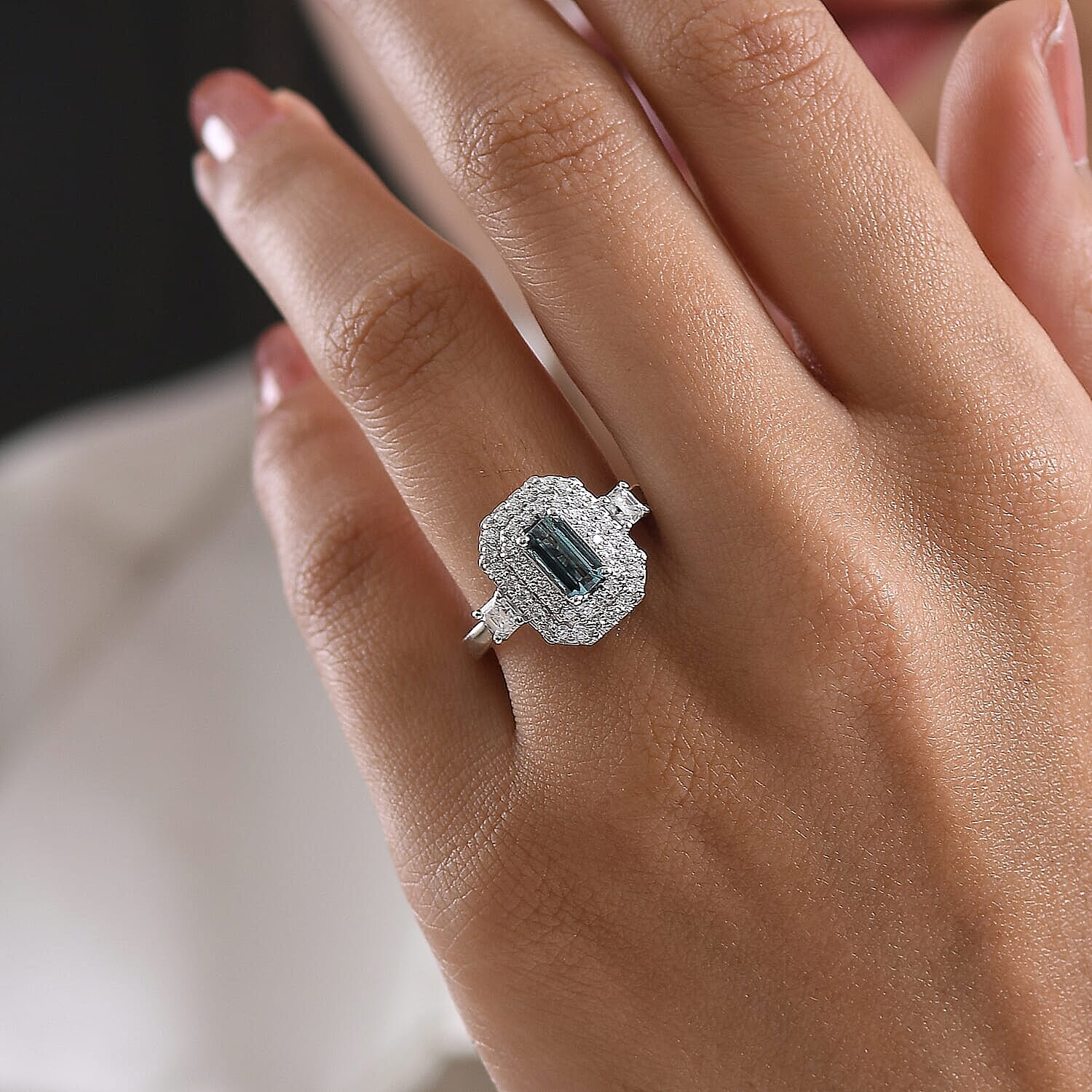 Certified and Appraised D'Joy Pirineu Lagoon Tourmaline, Moissanite Ring in Rhodium Over Sterling Silver (Size 10.0) 1.50 ctw