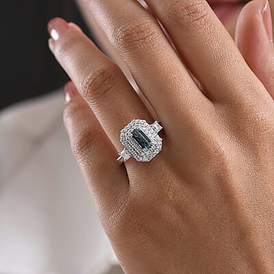 Certified and Appraised D'Joy Pirineu Lagoon Tourmaline, Moissanite Ring in Rhodium Over Sterling Silver (Size 10.0) 1.50 ctw