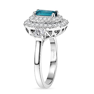 Certified and Appraised D'Joy Pirineu Lagoon Tourmaline, Moissanite Ring in Rhodium Over Sterling Silver (Size 10.0) 1.50 ctw