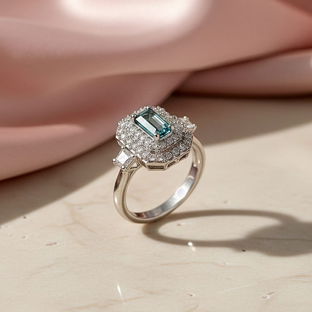 Certified & Appraised D'Joy Pirineu Lagoon Tourmaline and Moissanite 1.50 ctw Ring in Rhodium Over Sterling Silver (Size 6.0) image number 1