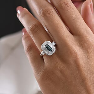 Certified & Appraised D'Joy Pirineu Lagoon Tourmaline and Moissanite 1.50 ctw Ring in Rhodium Over Sterling Silver (Size 7.0)