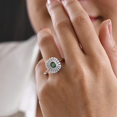 Certified & Appraised D'Joy Pirineu Lagoon Tourmaline and Moissanite 1.00 ctw Ring in Rhodium Over Sterling Silver (Size 7.0)