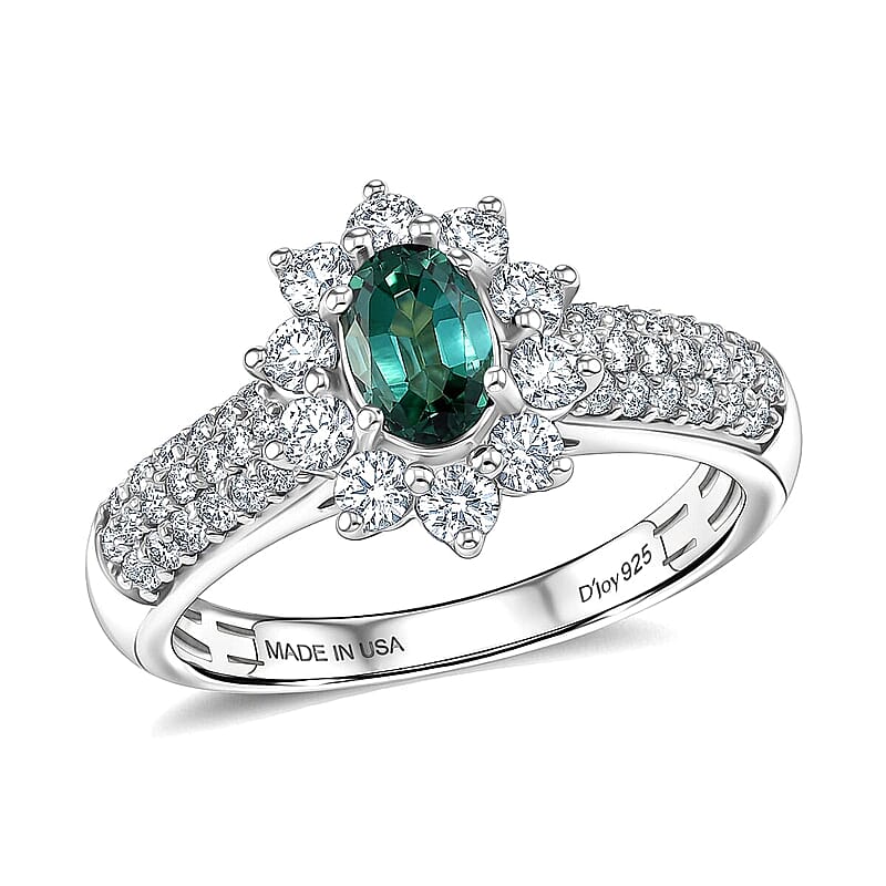 Certified & Appraised D'Joy Pirineu Lagoon Tourmaline and Moissanite 1.35 ctw Ring in Rhodium Over Sterling Silver (Size 7.0)