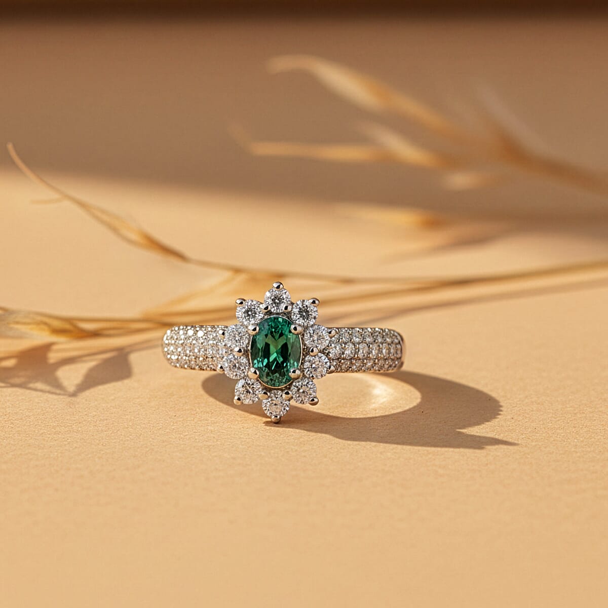 Certified & Appraised D'Joy Pirineu Lagoon Tourmaline and Moissanite 1.35 ctw Ring in Rhodium Over Sterling Silver (Size 7.0) image number 1