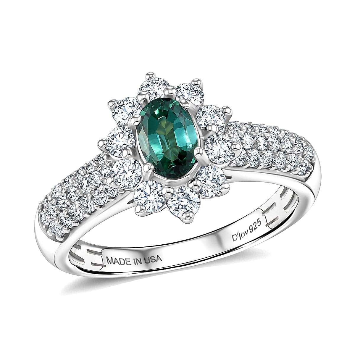 Certified & Appraised D'Joy Pirineu Lagoon Tourmaline and Moissanite 1.35 ctw Ring in Rhodium Over Sterling Silver