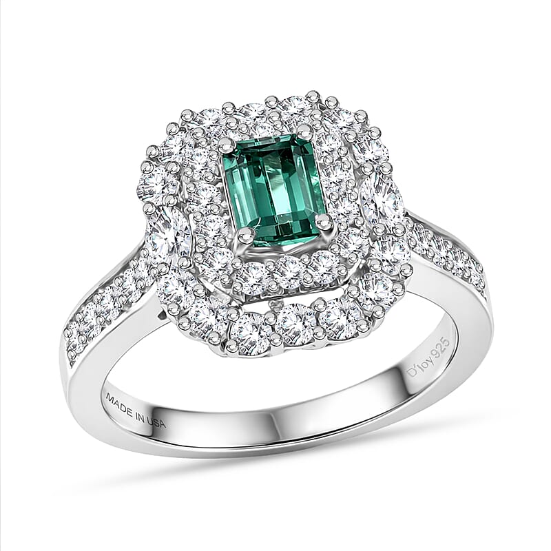 Certified & Appraised D'Joy Pirineu Lagoon Tourmaline and Moissanite 1.50 ctw Ring in Rhodium Over Sterling Silver (Size 7.0)